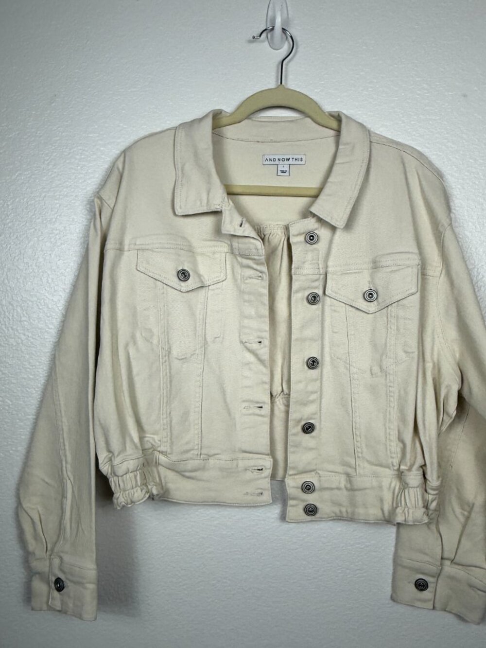 And Now This Cropped White Oatmeal Denim Jacket Womens Size Large Cinch Waist